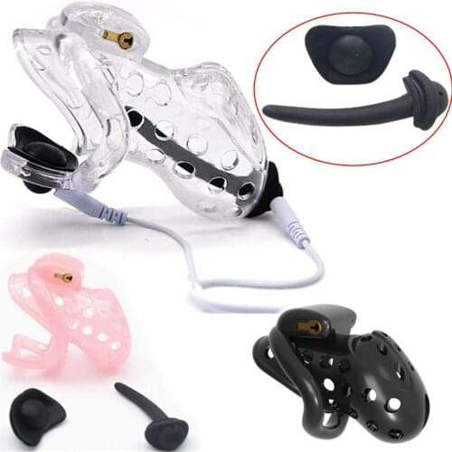 Electric Shock Chastity Cage Male Chastity Device Venting Hole Cage with 4 Penis Rings Chastity Locker Sex Toys for Man G7-3-13