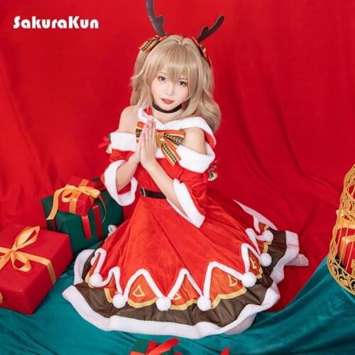 Game Genshin Impact Barbara Cosplay Costume Barbara Christmas Dress Women Red Costume Christmas Party Dress Hat Full Set