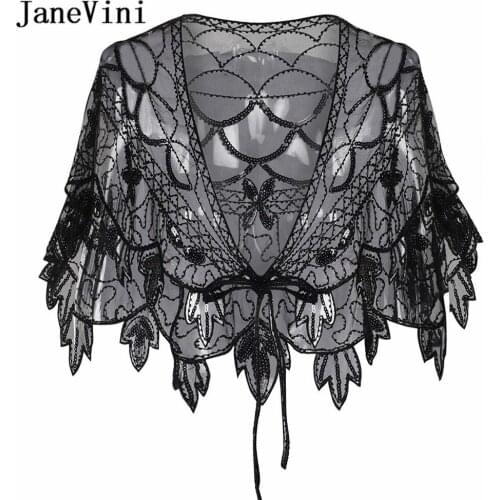 JaneVini 2020 Fashion Black Handmade Sequined Beaded Wedding Shawls Wraps Bridal Bolero Short Cape Cloak Women Party Accessories
