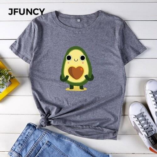 JFUNCY Cute Avocado Cartoon Print Women Tshirt 100% Cotton Summer T-Shirt Oversize Woman Shirts Short Sleeve Female Tees Tops