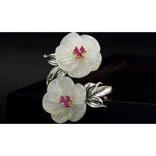 S925 pure silver natural Hetian jade white jade mosaic double head plum blossom lady high-end ring ring wholesale