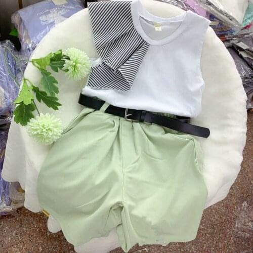 2-7year baby Girls Clothes Outfits Printed Summer Shirt stripevest+Denim shorts Children Clothing Set kids suit