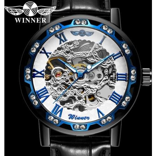 WINNER Hand Wind Mechanical Men Wristwatch Military Army Sport Male Clock Top Brand Luxury Blue Skeleton Hollow Man Watch 8012