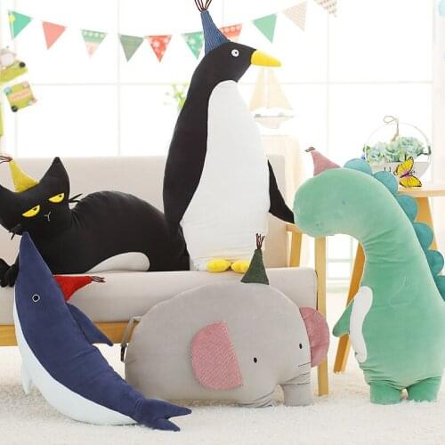 Cute Animal Series Plush Pillow Elephant Shark Cat Penguin Dinosaur Plush Toy Soft Cushion Sofa Pillow Decoration Kawaii 50cm L