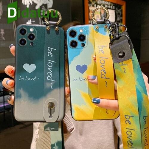 WaterColor Neck Lanyard Wrist Strap Holder Soft TPU Capa Holder Phone Case For iphone 12 Pro Max 11 11Pro Max XR XS 7 8 Plus SE