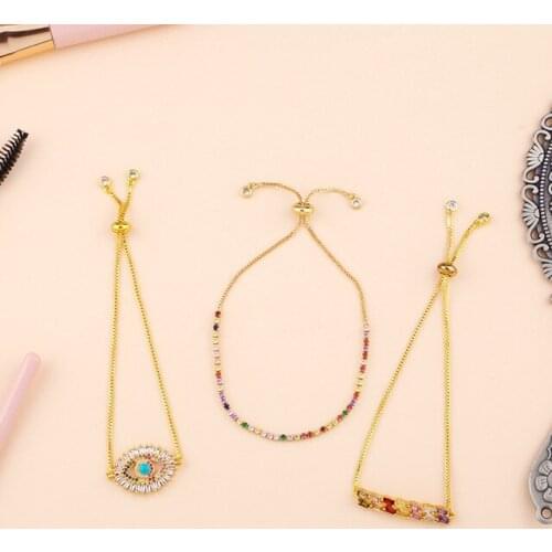 2021 New Style Jewelry Evil Eyes Pull Bracelet Womenpaved Rainbow Colorful Zircon Cz Charm Gold Bracelet Chic Chain For Woman