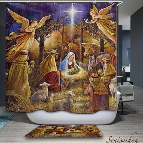 Senisaihon Europe style Polyester 3D Shower Curtain Birth of Jesus Oil Painting Pattern Waterproof Bath Curtain for Bathroom