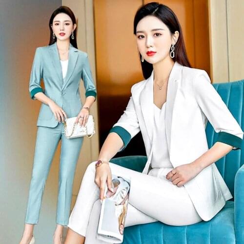Plus Size S-5XL New Spring Summer Two Piece Set Women Chic Slim Coat Women Tops Blazer And Trousers Clothes Women' Suit LS086