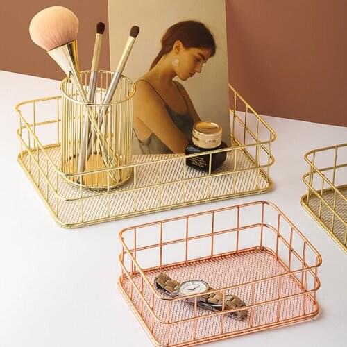 Nordic Wrought Iron Storage Basket Desktop Sundries Makeup Brushes Pen Holder Table Cosmetics Finishing Organizer Container Box