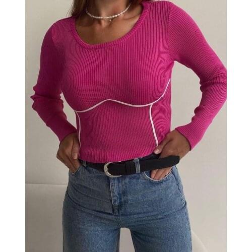 Full Sleeve O-neck Sweater Shirts Girls Stretchy Crop Tops Autumn Sweaters Pullovers Women Patchwork Jumpers