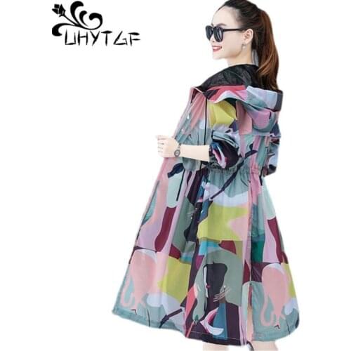 UHYTGF New Summer Coat Womens Fashion Printing Thin Sun Protection Clothing Hooded Breathable Outdoor Casual Female Jacket 1325