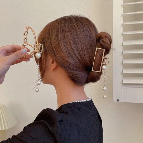 Fashion Women Elegant Gold Pearls Hollow Geometric Metal Hair Claw Vintage Hair Clips Headband Hairpin Luxury Hair Accessories