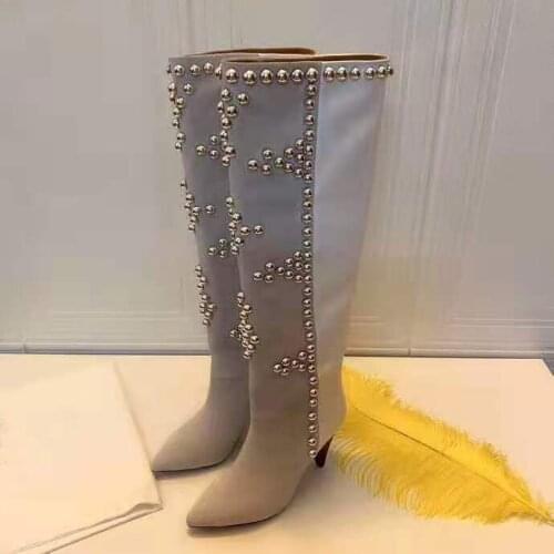 Womens Shoes Paris Lyork Boots Silver-tone Studs Pointed Toe Heel 10.5 Cm Knee Boots
