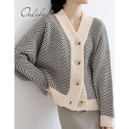 Ordifree 2021 Autumn Winter Women Knitted Cardigan Striped Knitwear Casual Long Sleeve Vintage Sweater Cardigan Female Jumpers