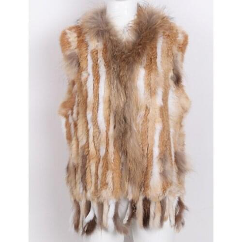 Women real rabbit fur vest knitted tassels real rabbit fur gilet real raccoon rur collar waistcoat