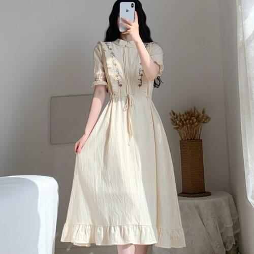 2021 Free Shipping New Stand Collar Embroidered High Waist Slim Dress Women Work Wear Dresses