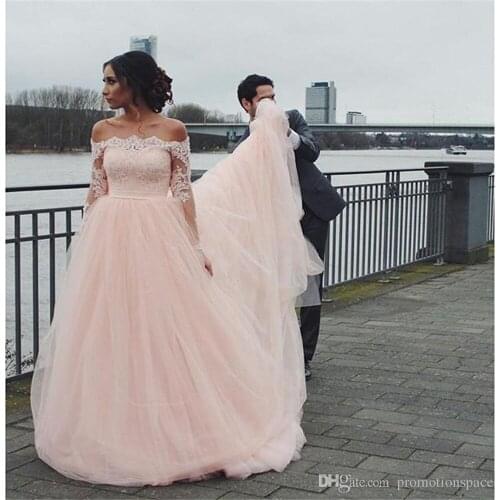 Blush 2016 wedding dress Long Sleeve Strapless Tulle Bridal Gowns Appliques Vestido De Noiva women Wedding dresses lace Up Back