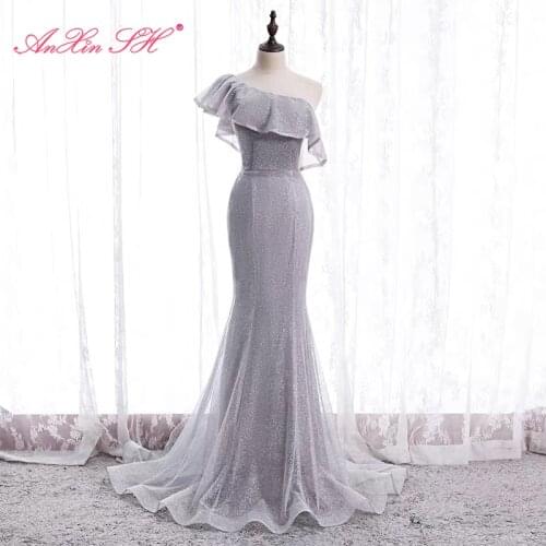 AnXin SH princes grey lace mermaid evening dress vintage party one shoulder sparkly ruffles lace up bride trumpet evening dress