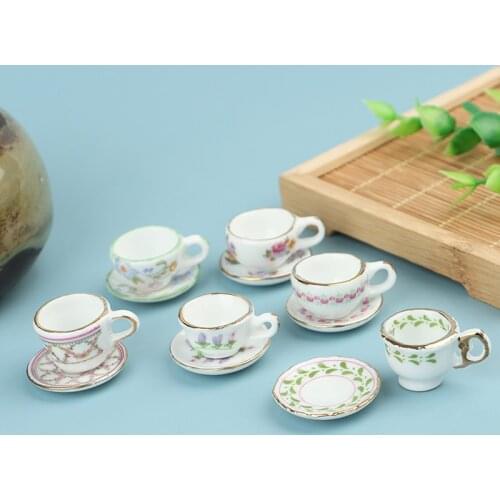 1:12 Kitchen Flower Pattern Porcelain Dish Pot Tray Cups Teapot Dollhouse Miniature Mini Cute Coffee Tea Set
