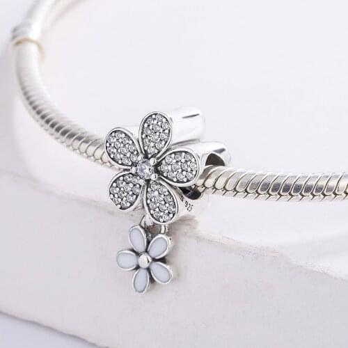 925 Sterling Silver CZ Transparent Zircon Dangling Daisy Flower Pave Charm Bracelet DIY Jewelry Making For Original Pandora