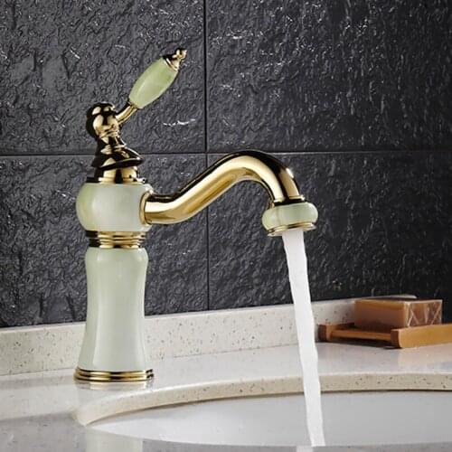 Free shipping Hot selling golden bathroom mixer tap with solid brass gold basin sinkf aucet and hot cold jade stone water tap