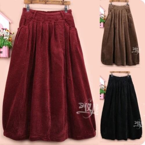 Free Shipping 2019 New Fashion Long Mid-calf A-line Skirts For Women Elastic Waist Winter Corduroy Skirts Red And Black Skirts