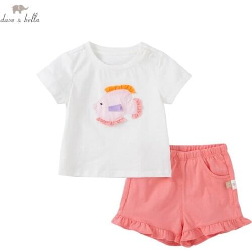 DB17436 dave bella summer baby girls cute cartoon ruched clothing sets kids girl fashion short sleeve sets children 2 pcs suit