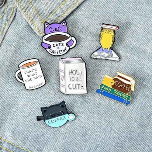 Coffee and Book Enamel Pins Cat Cafe Reading Badge Custom Hedgehog Brooches Lapel Pin Jeans Shirt Bag Cute Animal Jewelry Gifts