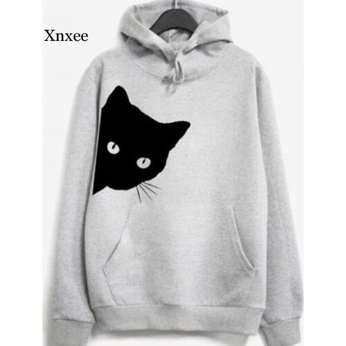 Unisex Cute Hoodies Black Cat Print Women Spring Fashion Sweatshirts Pullover Top Blouse Daily Clothes Man Tracksuit Outfits
