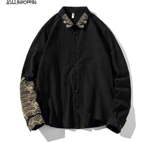 Propitious Clouds Embroidery Men Chinese Style Casual Shirt 2020 Spring Turn Down Collar Vintage Mens Long Sleeve Black Shirts