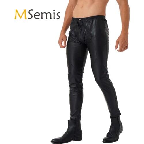 Mens Skinny Pants Zipper Front Trousers Faux Leather Elastic Waistband Leggings Stage Performance Pole Dance Rave Bar Clubwear