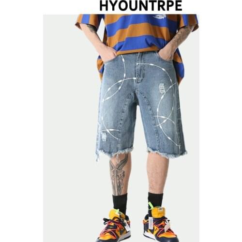 Mens Destroy Ripped Denim Shorts Graffiti Printed Streetwear Hip Hop Half Length Pants New Fashion Summer Loose Zipper Shorts