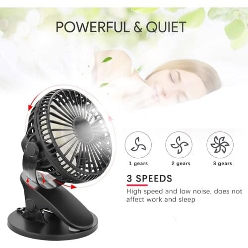 USB Clip Desktop Table Fan Mini Portable Clamp Fan 360 degree Rotating Rechargeable Ventilator 3 Speeds Adjustable Air Cooler