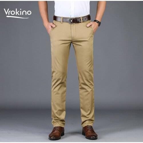 VROKINO New In 2019 Mens Business Solid Color Casual Pants Stylish and Exquisite Mens Cotton Stretch Four Seasons Trousers