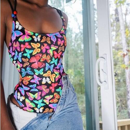 2021 New Womens Butterfly Printed One-piece Swimsuit Low Square Neck Backless and High Waistline Triangle Tank Swimwear