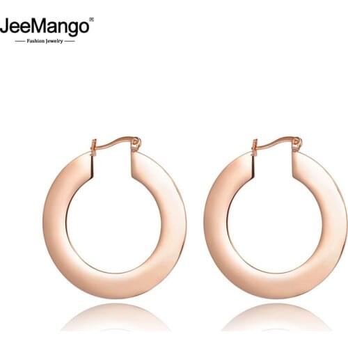 JeeMango New Arrive Geometry Round Flat Titanium Steel Rose Gold Color Ladies Earrings Jewelry For Women JE17057