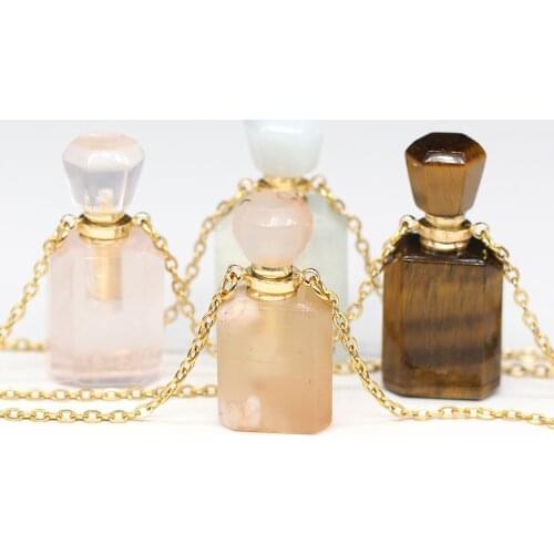 Natural Semi-precious Stone Perfume Bottle Necklace Tiger Eye Essential Oil Diffuser Vial Charms Necklaces Romantic Gift 16x36mm