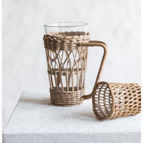 Rattan Woven Water Cup Cover Glass Anti-scald Cover Cup Holder With Handle Protection Cover