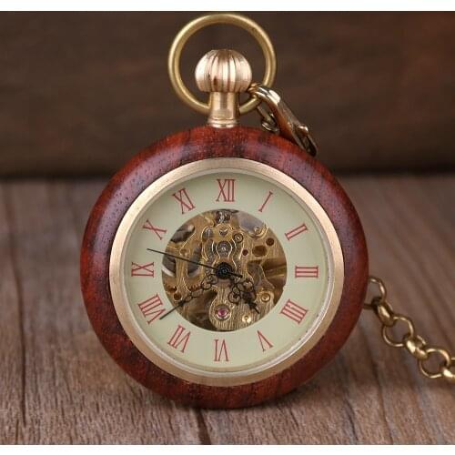 Antique Vintage Wooden Case Roman Number Dial skeleton Hand-wind Mechanical Pocket Watch With Chain relogio de bolso Gift