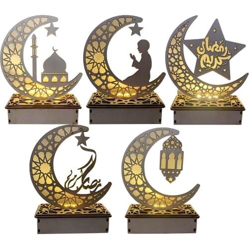 Ramadan Led Night Light Eid Mubarak Moon Shape Wood Ornament Islamic Muslim Home Decoration Craft Party Gift