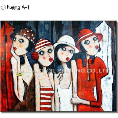 Hand Painted Four Beautiful Girl Oil Painting on Canvas by Skill Painter Abstract Figure Oil Painting for Living Room Decor Art