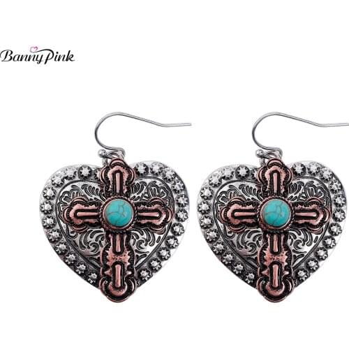 Banny Pink Religious Turquoises Cross Dangle Earrings Bohemia Chirstian Heart Drop Earrings Stone Statement Earrings Women Gift