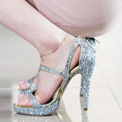 Sexy Ladies Bling Sequins Strappy Acrossed Sandals Women Cover High Heels Bridal Sandals Summer Glitter Wedding Dress Shoes