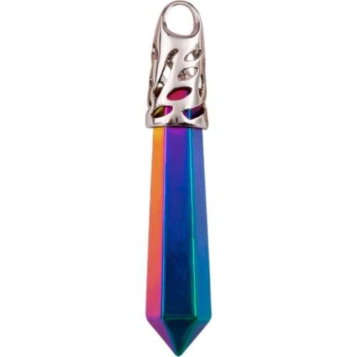 SUNYIK Titanium Coated Rainbow Crystal Quartz Gem Stone Sticks Bars Point Silvery Charms Pendant (Free Chain)