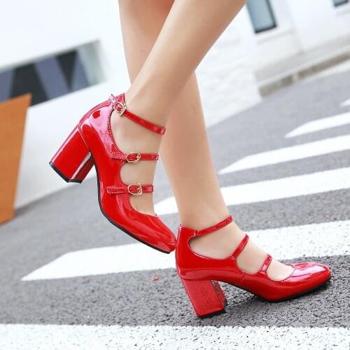 Big Size Spring Women Pumps Thick Block High Heel Patent Leather Round Toe Autumn Office Dress Party Bridal Red Lady Shoes 34-43