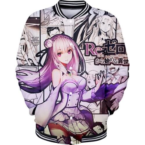 Japanese Anime Re:Life In A Different World From Zero 3D Print Baseball Uniform Jacket Coats Men Women Hoodies and Sweatshirts