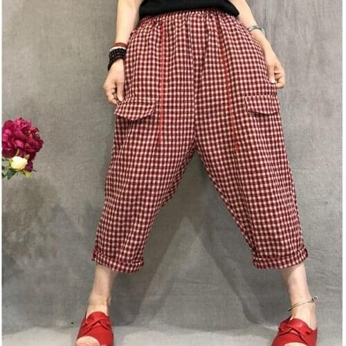 2020 Summer Arts Style Women Elastic Waist Calf-length Cotton Linen Vintage Pants Loose Casual Plaid Harem Pants Big Size M58