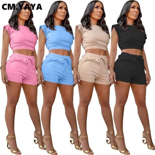 CM.YAYA Active Womens Set Fashion Crop Tops and Shorts Matching Two Piece Set Yoga Workout Tracksuit Sport Sweatsuit Outfits