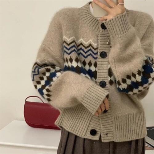 414 Women Knitted Sweater Cardigan Comfortable Loose Button O-Neck Casual Patchwork Top Jacquard Short Coat New Tide Fall Winter