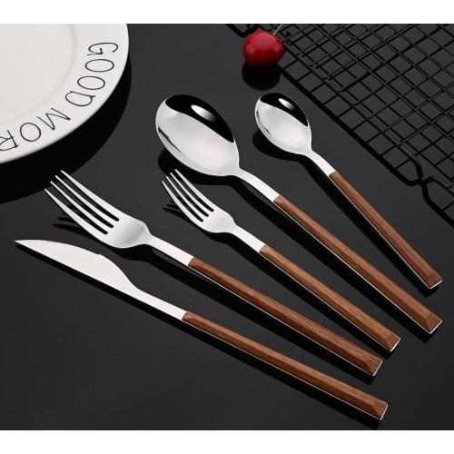 Western Dinnerware Set Wood Handle Stainless Steel 10/20/30/40pcs Steak Table Knife Fork Spoon Dessert Fork Flatware Cutlery Set